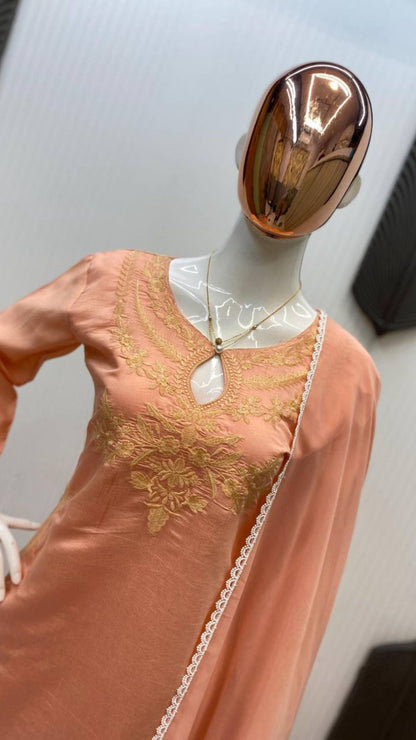 Elegant Roman Silk Embroidered Kurta Set with Pant & Dupatta (3-Piece Set)