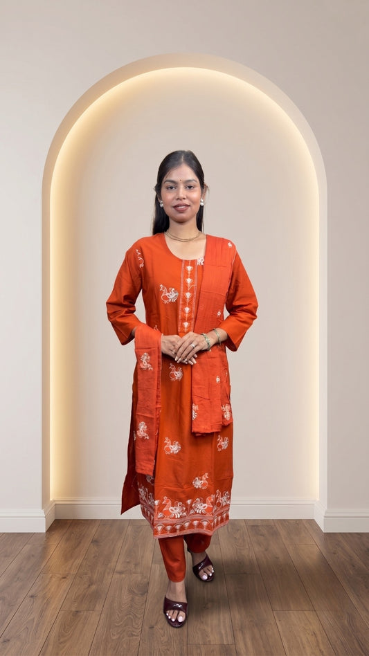 Women’s Orange Pure Cotton Embroidered Kurta Pant & Dupatta Set