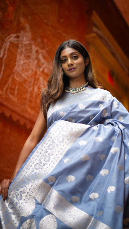 Silver Deep Skyblue Katan Soft Silk