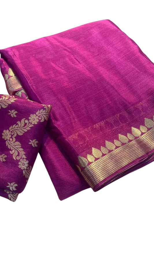 Rani Pink Chinon Base Chiffon Saree with Zari Weaving Border & Self Brocade Blouse