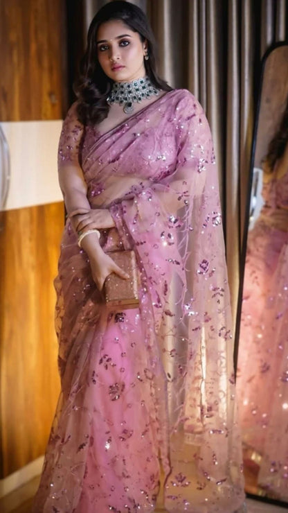 Pink Designer Party Wear Saree with Heavy Sequin Embroidery Work on Butterfly Net Fabric