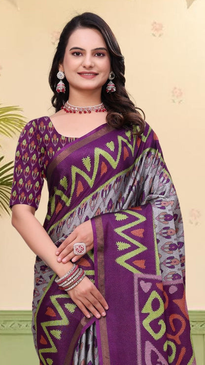 Purple & Grey Mal Cotton Printed Saree with Designer Blouse Piece