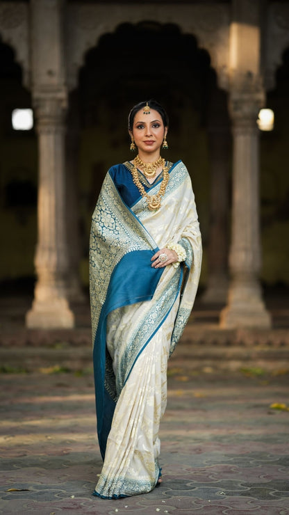 Pure Silk Handloom Khaddi Munga Saree – Cream with Blue Jungle Zari Border