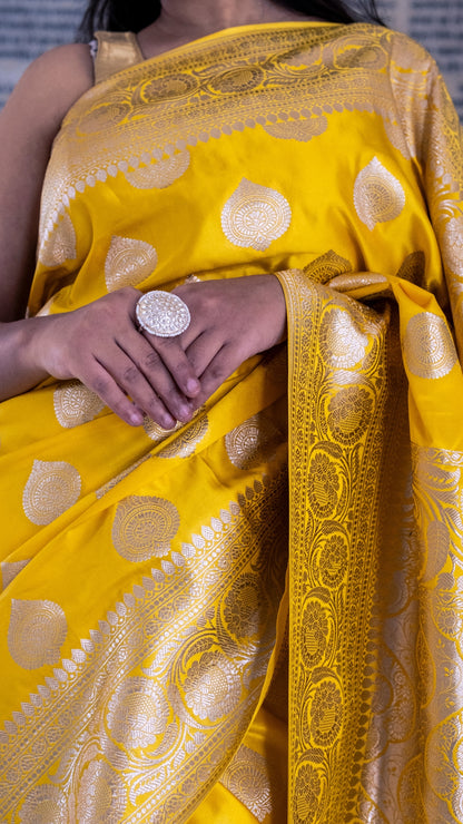 Yellow Floral Katan Mashru Silk Saree