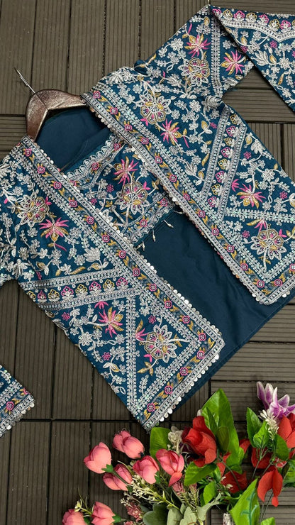 Royal Teal Embroidery Cording Ready-to-Wear Saree with Designer Full Koti
