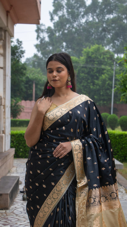 Black and Gold Border Katan Mashru Silk Saree