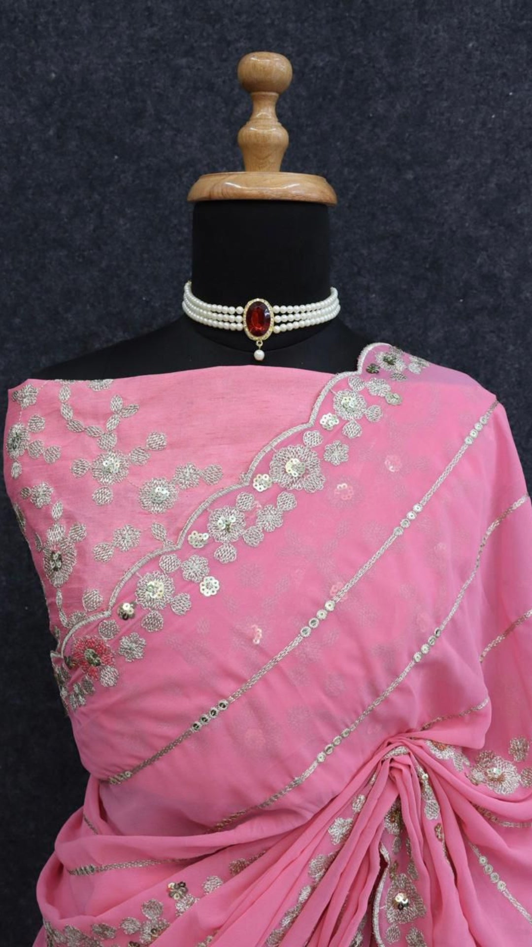 Pink Georgette C-Pallu Saree with Cut-Work
