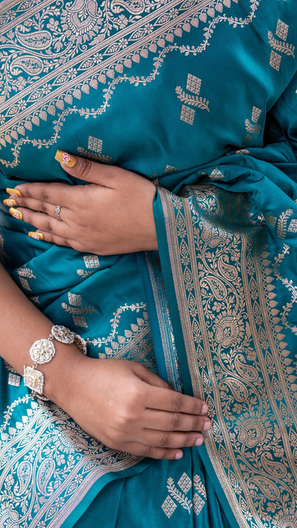 Dark Teal Blue Katan Mashru Silk Saree