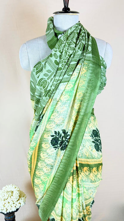 Floral Print Banarasi Georgette Saree  (Green)