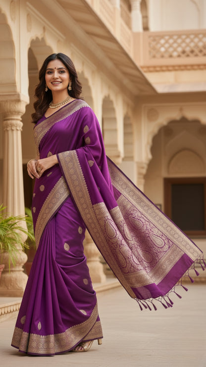 Banarashe Luxurious Royal Purple Banarasi Silk Saree with Gold Zari Paisley Pallu