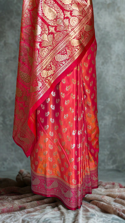 Regal Rani Pink and Orange Dual-Tone Banarasi Silk Saree with Gold Zari Paisley Weave
