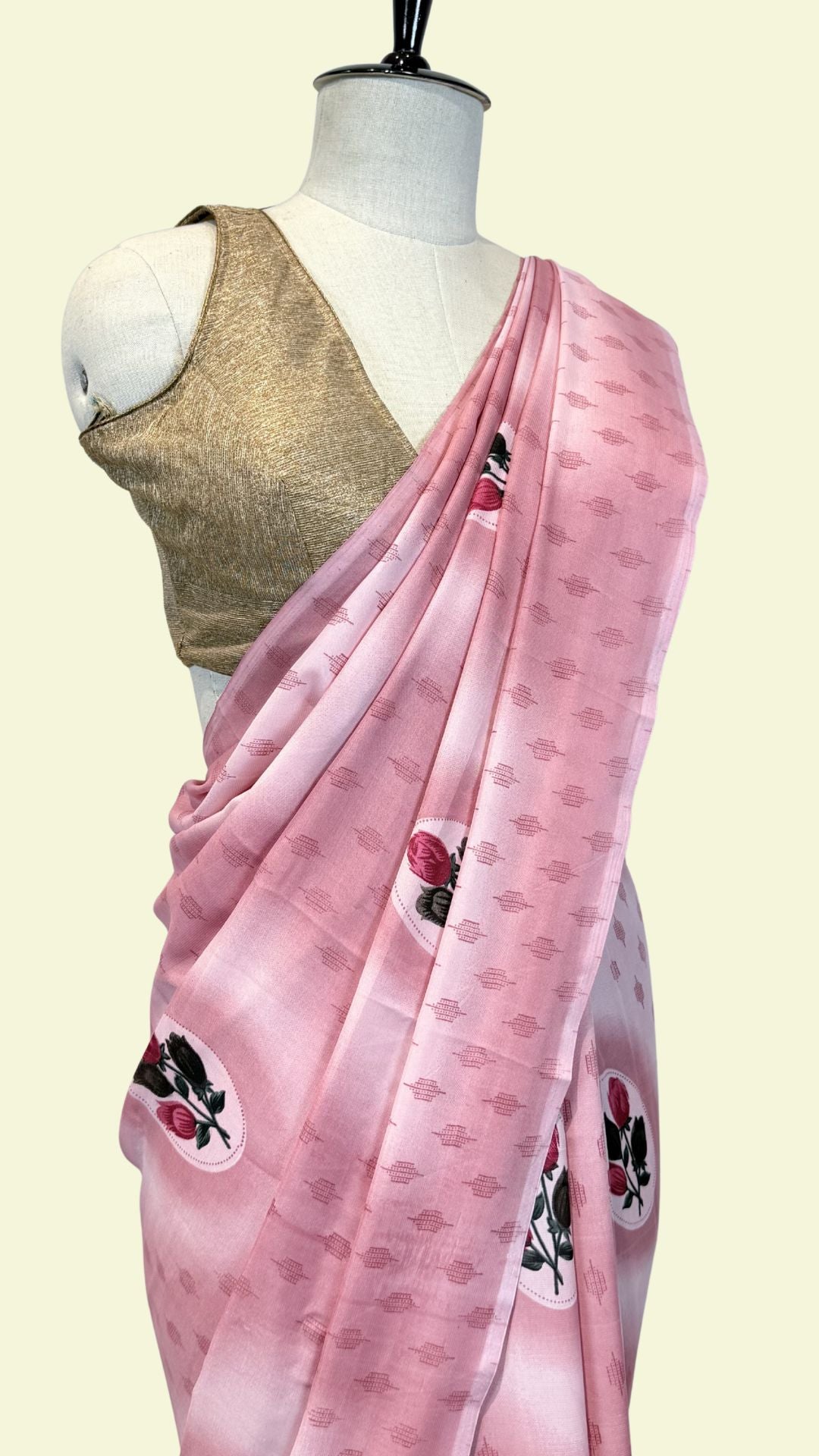 Pink Floral Printed Synthetic Saree