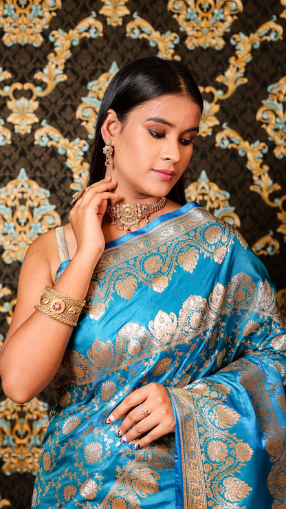 Azure Bloom Banarasi Silk Saree with Silver Zari Elegance