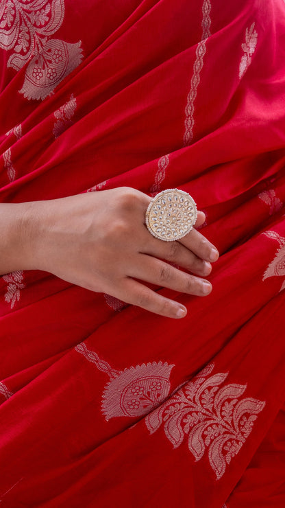 Scarlet Red Semi Raw Mango Katan Silk Saree