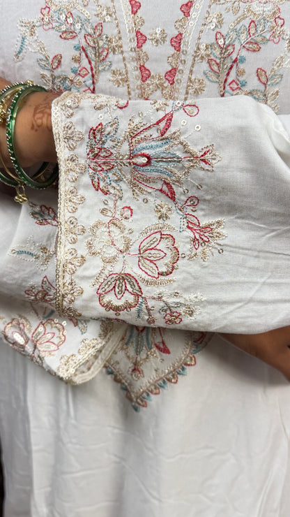 Women’s White Cotton Embroidered 3 Piece Kurta Pant Dupatta Set