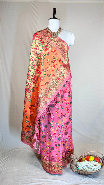 Elegant Pink Floral Meenakari Saree With Blause piece for Festival Wear,