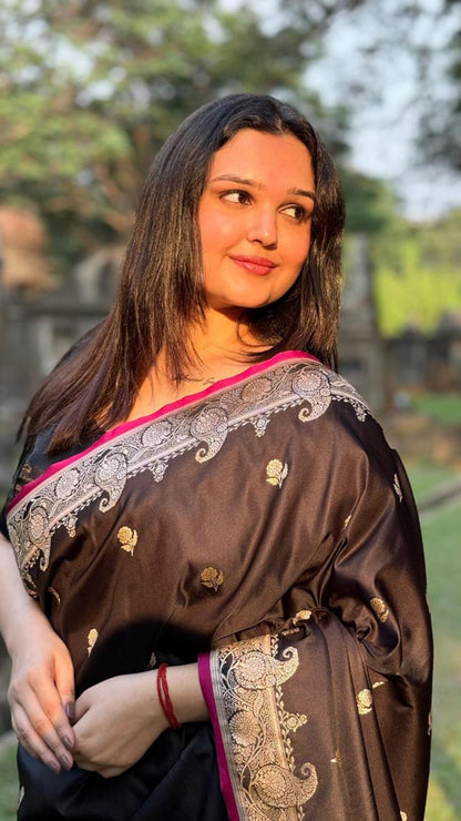 Black Banarasi Mashroo Katan Silk Saree – Royal Woven Elegance