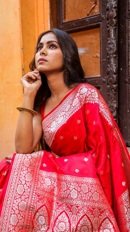 Blooming Red Katan Mashru Silk Saree