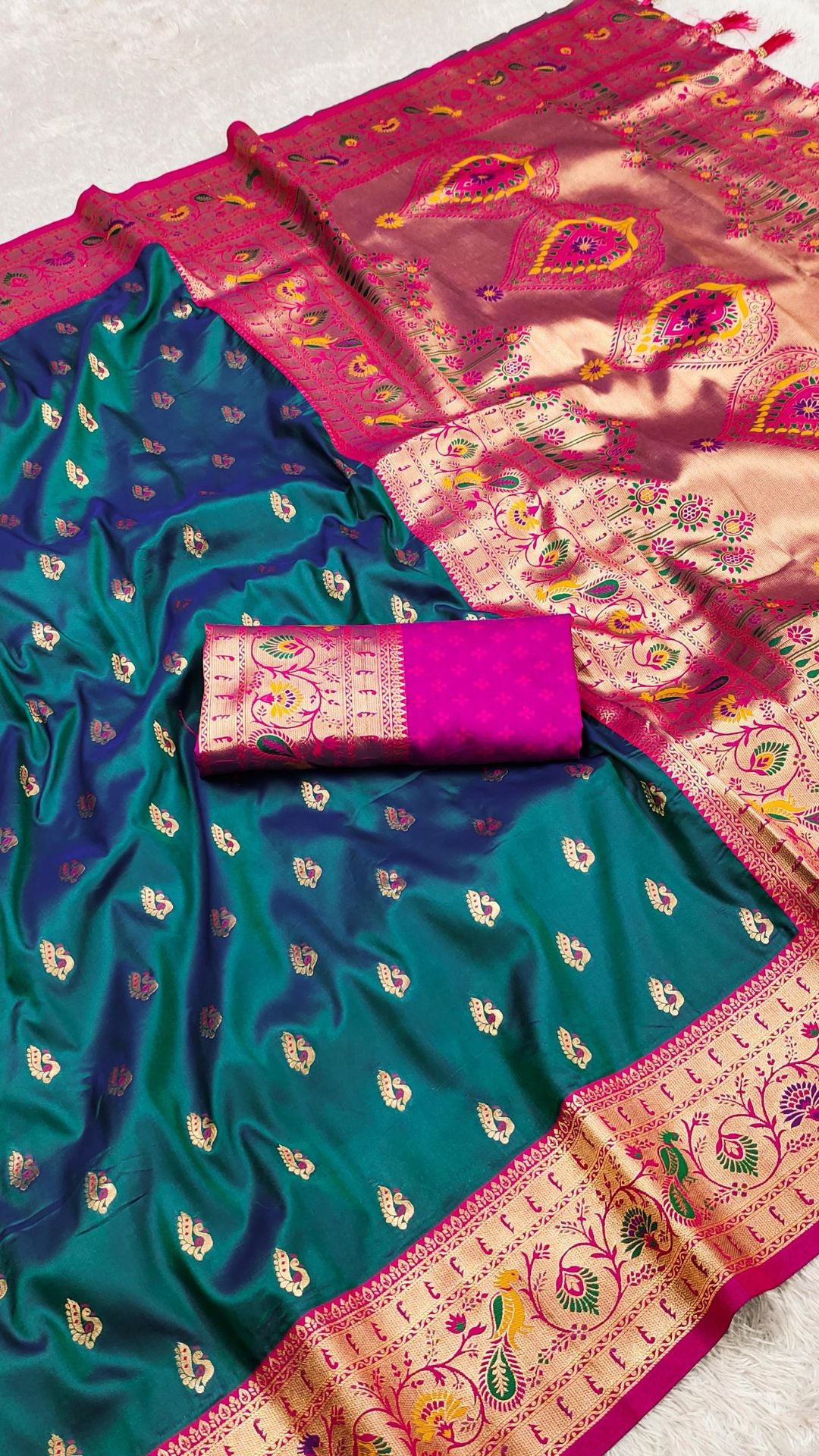 Teal Green Paithani Silk Saree with Pink Meenakari Zari & Peacock Pallu