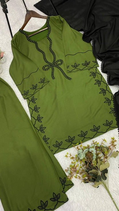 Olive Green Pakistani Embroidered Kurta Palazzo Dupatta Set For Women