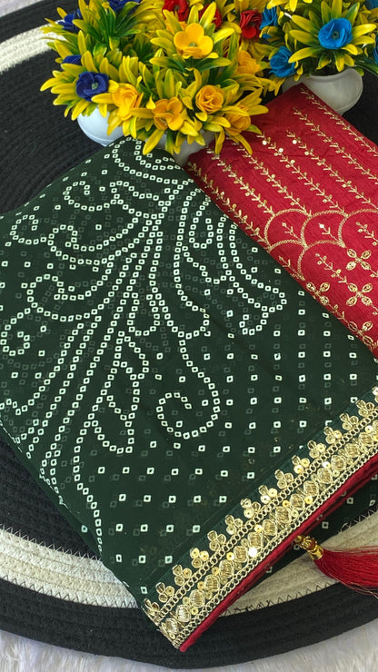 Green Georgette Bandhani Saree With Red Contrast Blouse