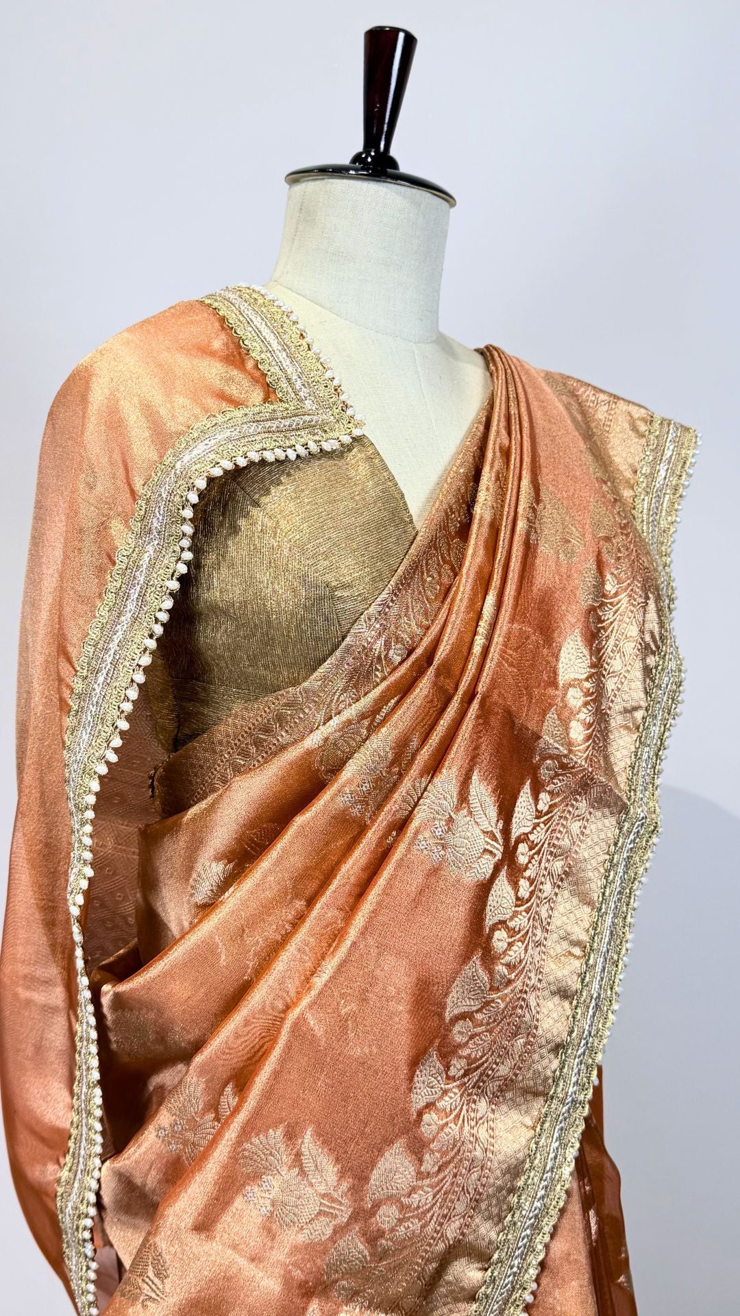 Orange Tissue Saree with Moti Lace Border