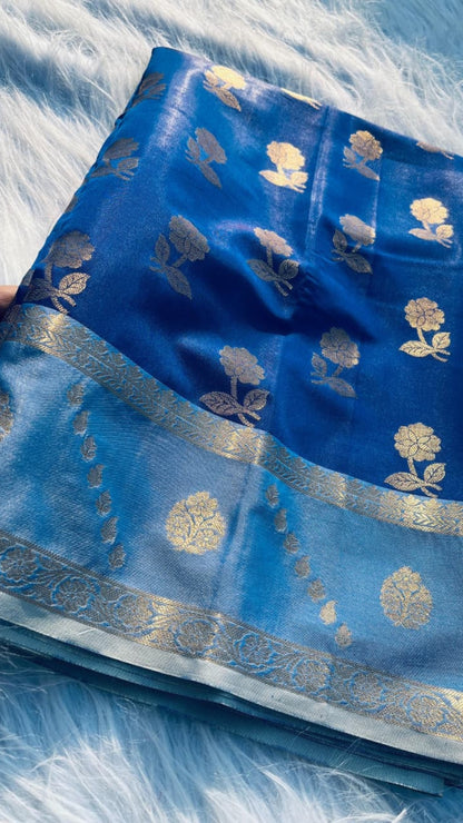 Royal Blue Soft Silk Double Zari Saree - Elegant Rose Pot Design