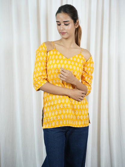 Women's Mustard Yellow Cold Shoulder Cotton Kurti with Traditional Print