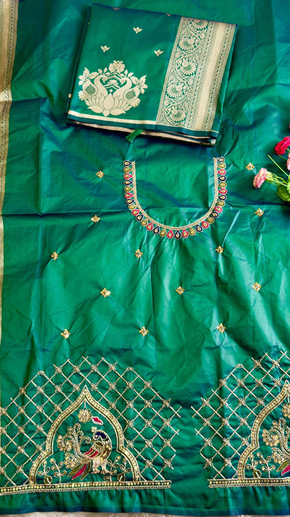 Emerald Green Paithani Silk Saree with Peacock Motifs & Aari Blouse