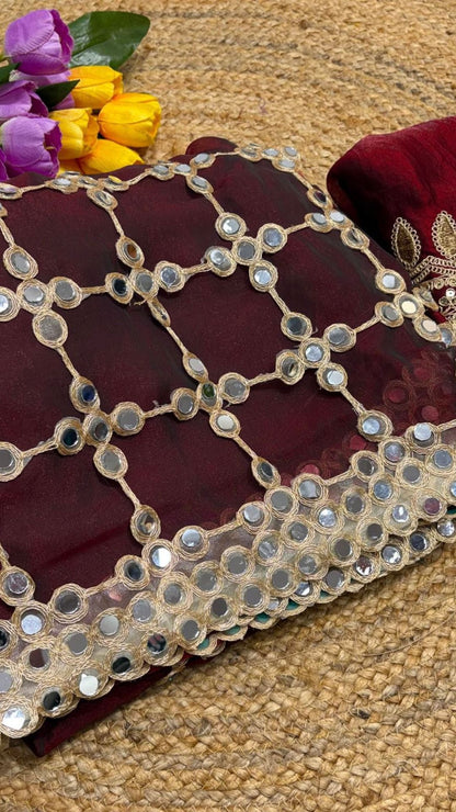 Wine Mirror Work Satin Silk Saree with Designer Blouse