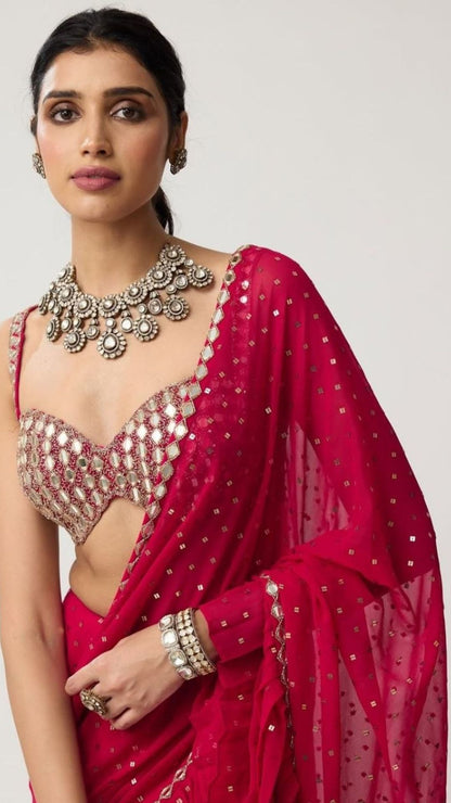 Red Sequin Crush Pleated Saree with Mirror Blouse