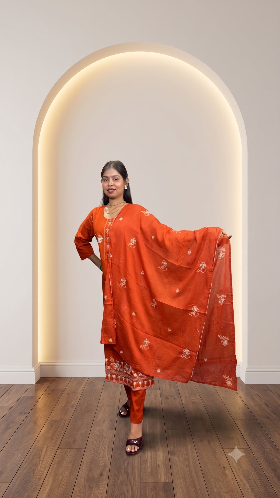 Women’s Orange Pure Cotton Embroidered Kurta Pant & Dupatta Set
