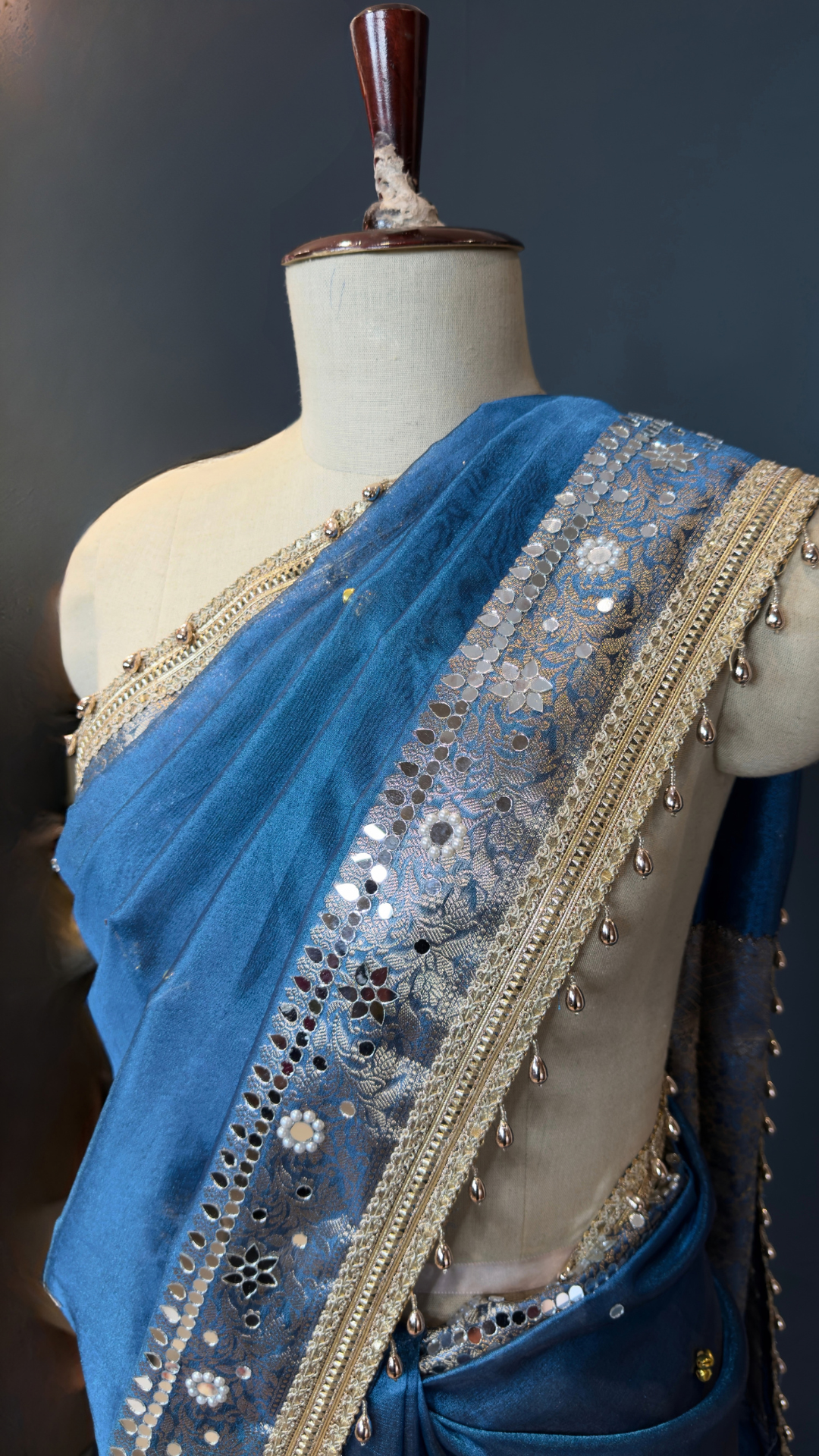 Blue Tissue Ghungroo Mirror Work Saree
