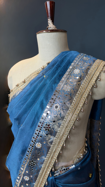 Blue Tissue Ghungroo Mirror Work Saree