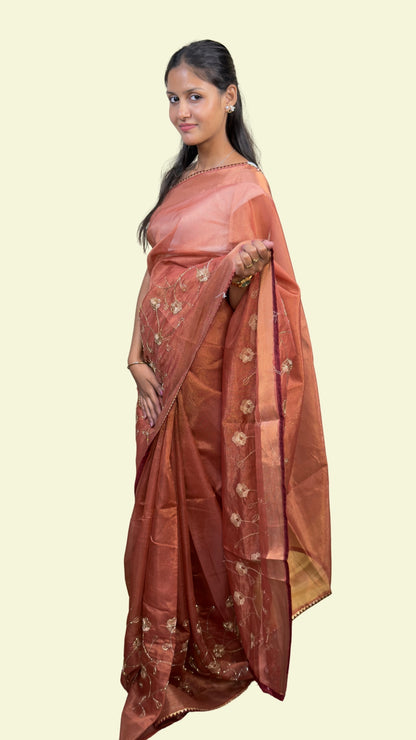 Peach Copper Embroidered Organza Saree