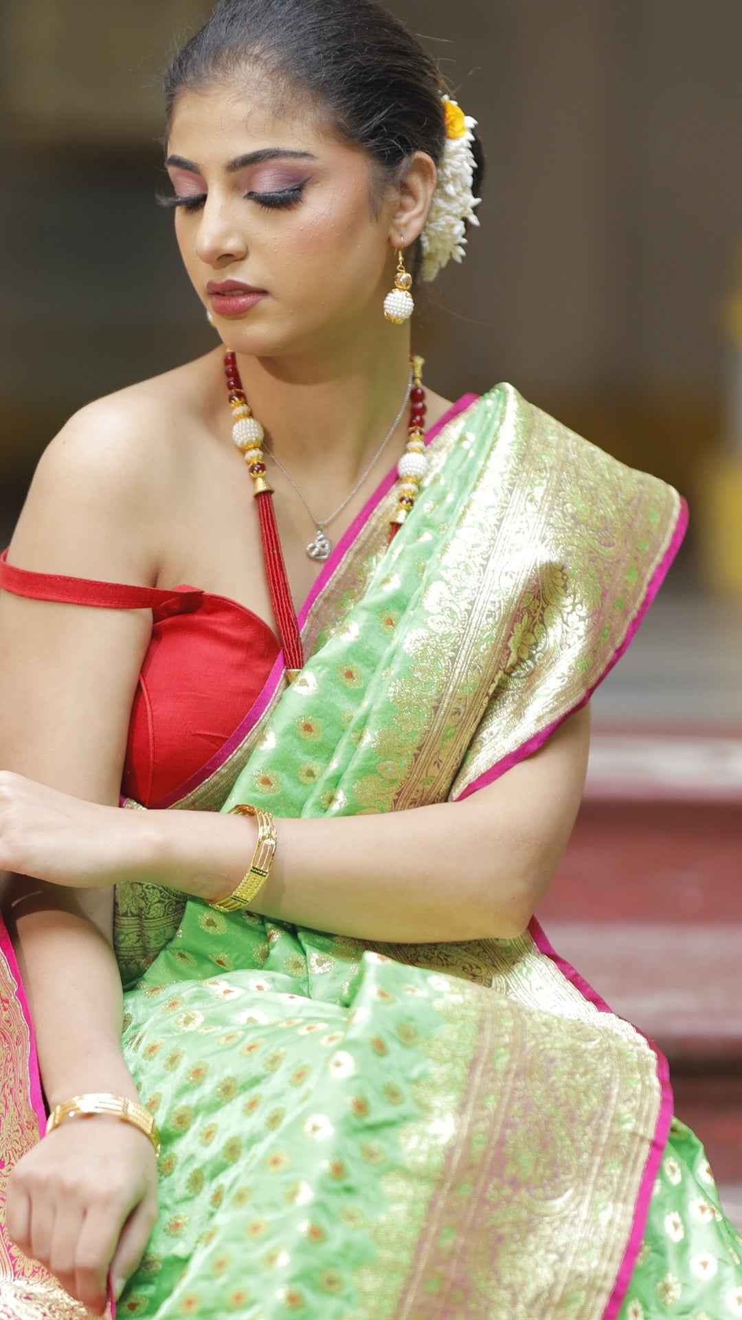 Jaladhara mint green Katan Silk Waterfall Dual Zari