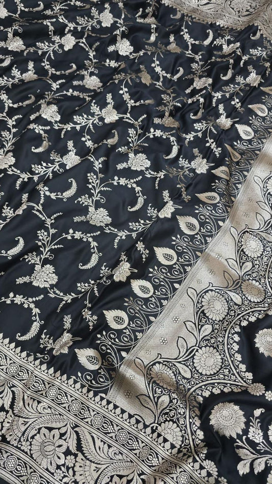 Midnight Black Banarasi Mashroo Katan Silk Saree with Jaal Weaving