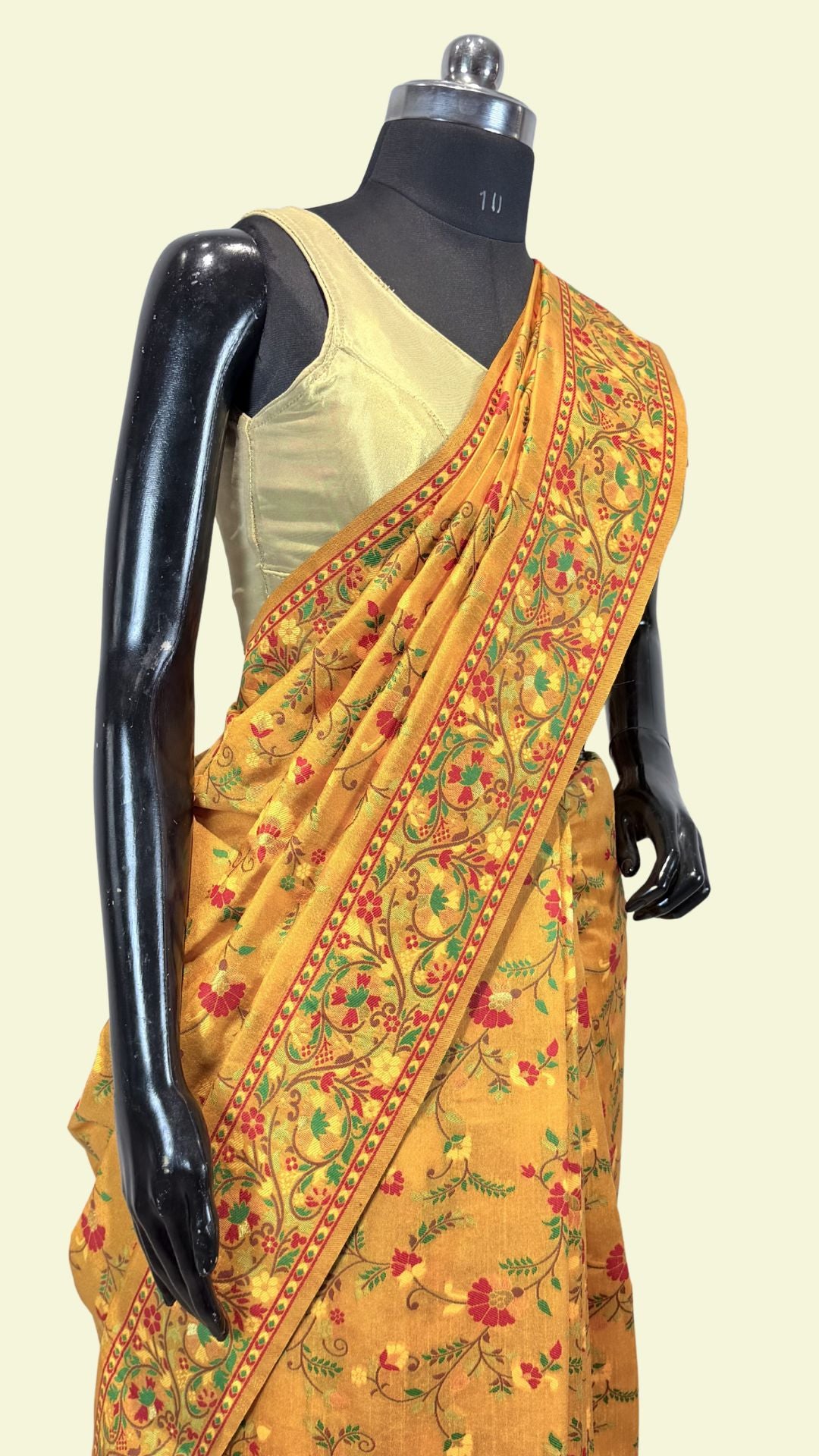 Mustard Banarasi Cotton Saree with Floral Meenakari Weaving