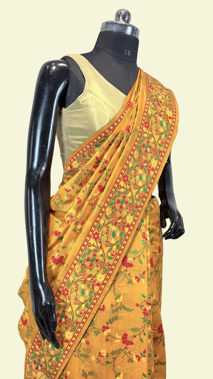 Mustard Banarasi Cotton Saree with Floral Meenakari Weaving