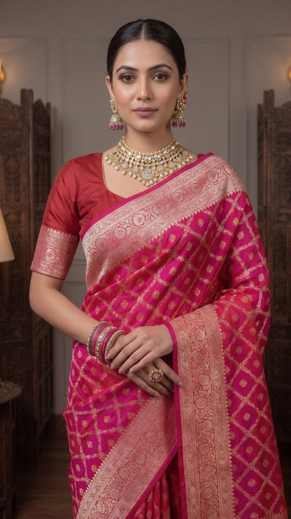 Banarashe Rani Pink & Red Mashru Silk Saree with Intricate Gold Zari Woven Motifs & Traditional Border