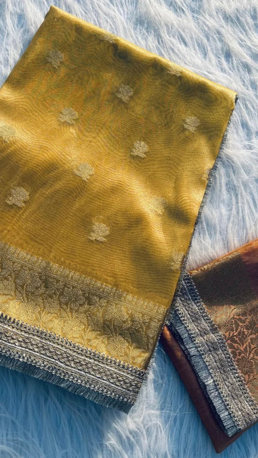Yellow Tissue Saree with Elegant Small Flower Buti Design - Baranashe - Yellow Tissue Saree with Elegant Small Flower Buti Design