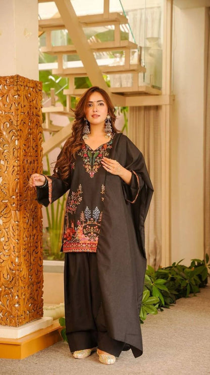 Black Printed Salwar Suit with Dupatta for Women