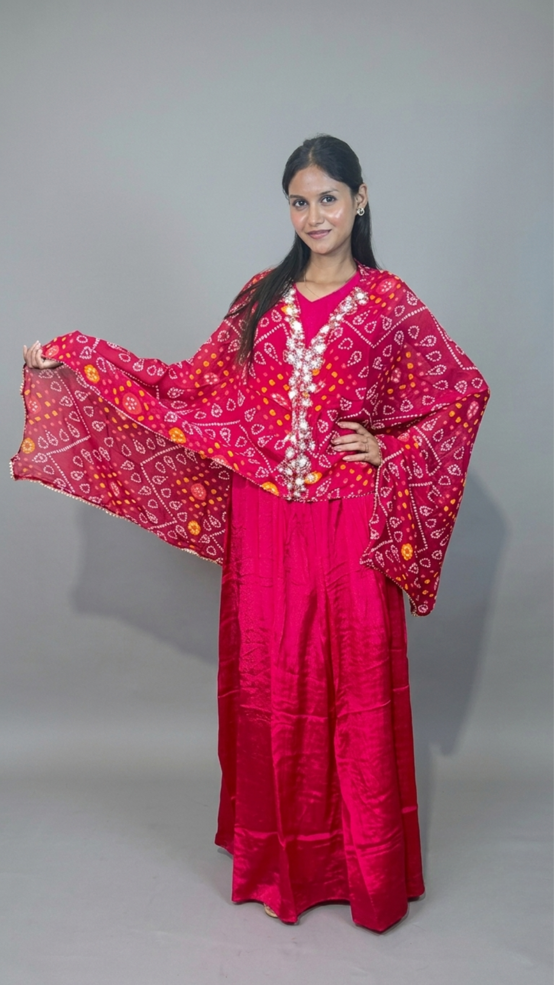 Banarashe Women’s Hot Pink Bandhani Printed Dupatta with Embroidered Border & Flared Ethnic Set