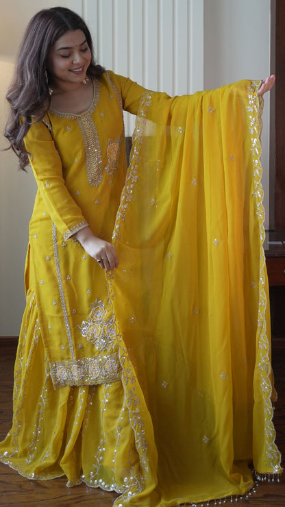 Women’s Yellow Embroidered Gharara Suit Set with Dupatta for Wedding & Festive Wear