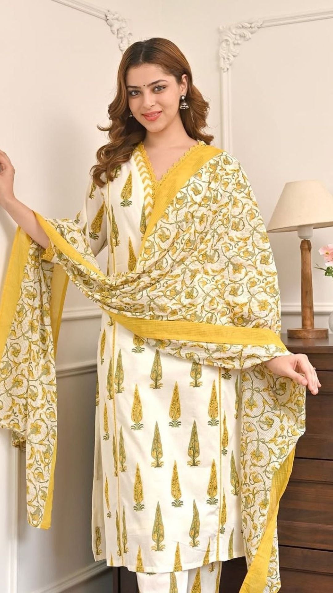 Ivory Cotton Kurta Set with Bagru Print & Mustard Dupatta