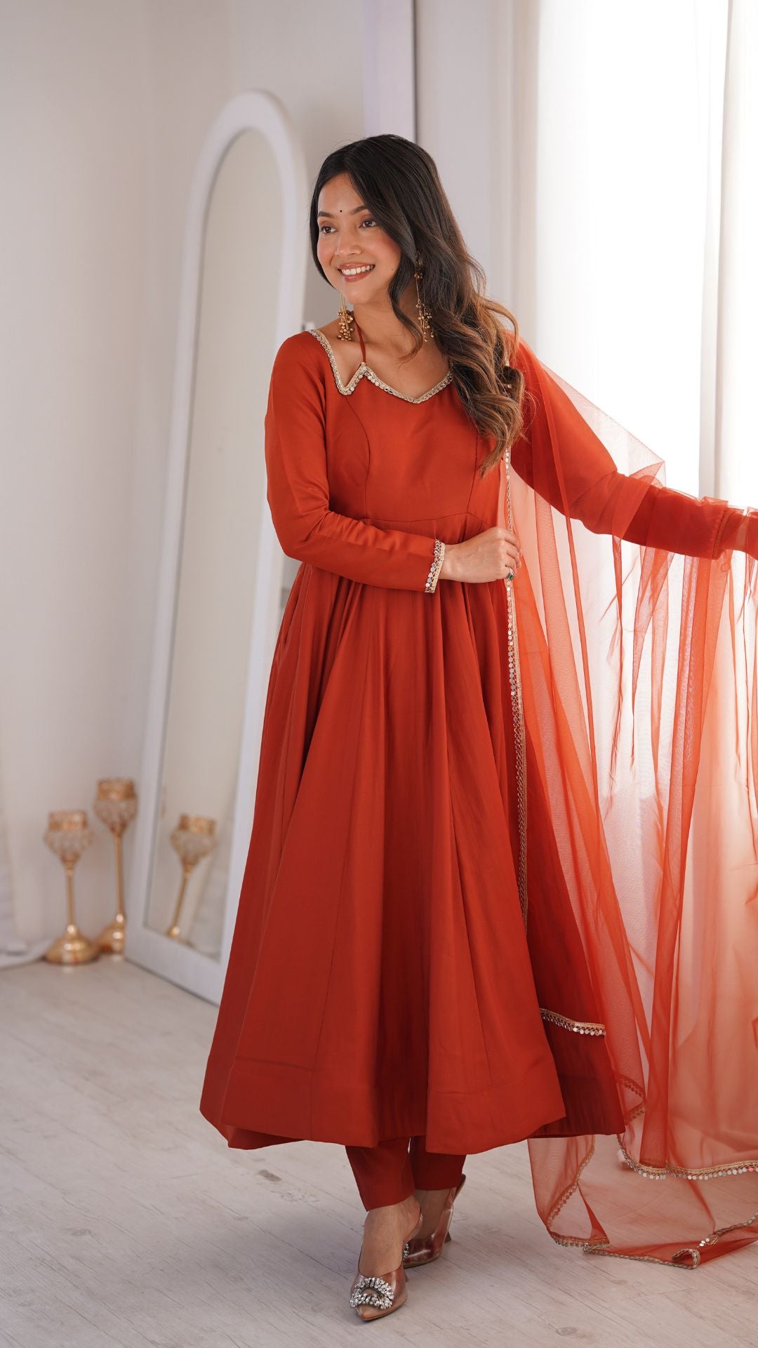 Rust Roman Silk Chanderi Anarkali Set