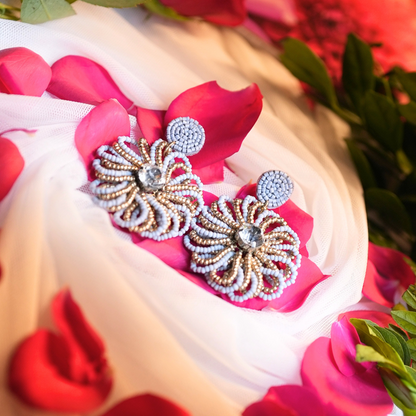 Golden Glow Floral Earrings – Grey & Gold Seed Beads with Crystal Center