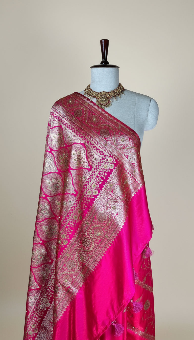 Elegant Pink Banarasi katan Silk Saree with Gold Zari Floral Embroidery & Tassel Pallu