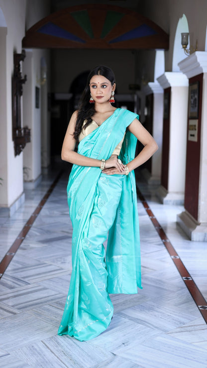 Bright Sky Blue Katan Mashru Silk Saree