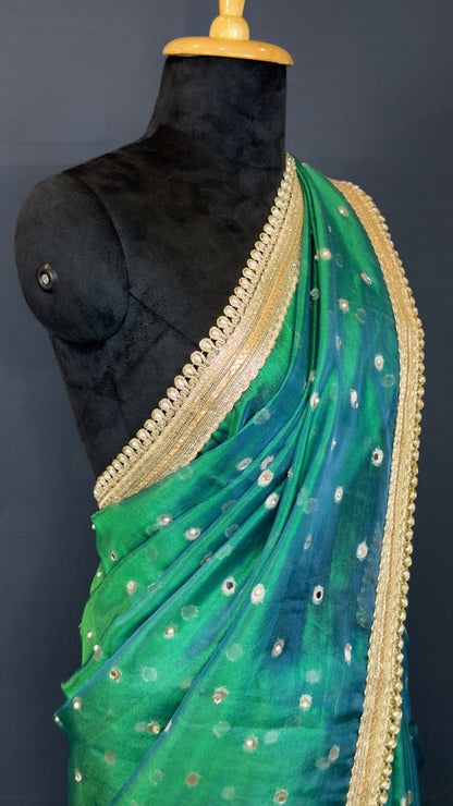 Banarasi Premium Emerald Green Mirror Work Tissue Saree